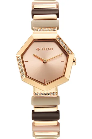 Titan Women Brass Dial & Gold Plated Bracelet Style Straps Analogue Watch