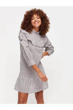 Dorothy Perkins Grey & White Pure Cotton Gingham Checked Smocked Ruffle Neck Mini Dress