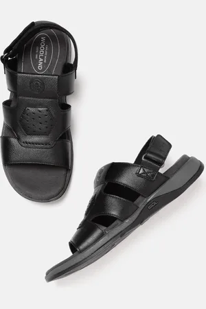 Woodland Men Black Leather Comfort Sandals with Laser Cut Detail