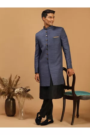 Vastramay Men Blue & Black Textured Sherwani Set