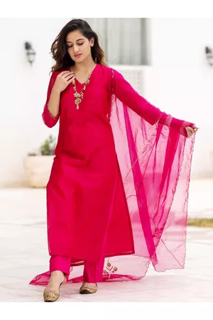 Ambraee Women Pink Chanderi Cotton Kurta with Trousers & Dupatta