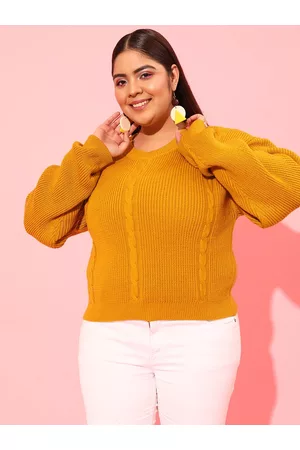 CURVY STREET Plus Size Women Mustard Cable Knit Acrylic Pullover