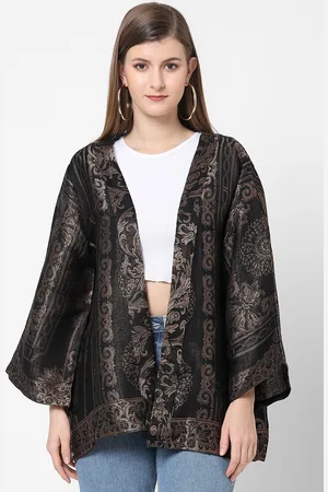 Cloth Haus India Women Black Cotton Longline Open Front Brocade Kimono Jacket