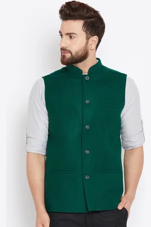 Even Men Green Solid Woven Nehru Jacket