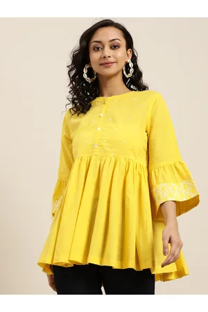 Sangria Women Yellow Mandarin Collar Bell Sleeves Pure Cotton Top