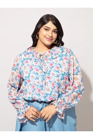 20Dresses Plus Size Blue & White Floral Printed Chiffon Crop Top