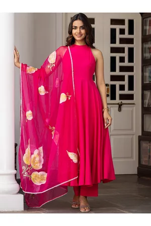 Ambraee Women Pink Pleated Kurta with Trousers & Dupatta