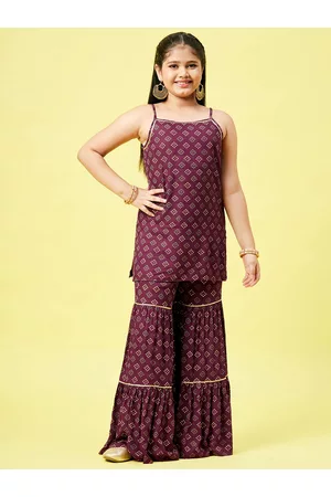 Stylo Bug Girls Maroon Ethnic Motifs Printed Pure Cotton Kurta with Sharara