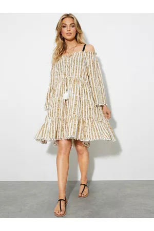 Dorothy Perkins Beige & White Pure Cotton Striped Bardot Tiered Mini Dress
