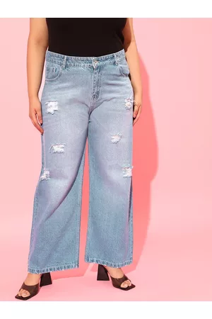 CURVY STREET Women Blue Cotton Flared High-Rise Highly Distressed Heavy Fade Jeans