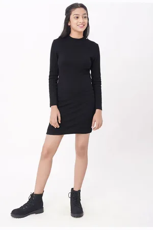 edheads Girls Black Solid Cotton High Neck Sweater Dress