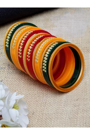Shining Diva Set Of 14 Gold-Plated Yellow & Red Antique Bangles