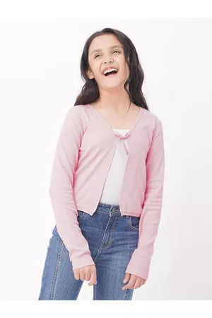 edheads Girls Pink Solid Tie-Up Cotton Shrug