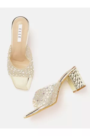 Elle Women Transparent & Gold-Toned Embellished Ethnic Block Heel Sandals