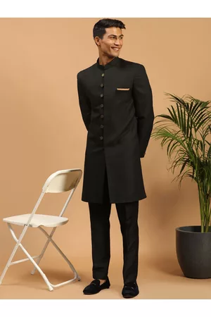 Vastramay Men Black Slim-Fit Textured Sherwani Set