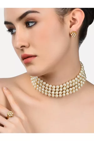 Zaveri Pearls Gold-Plated White Pearl-Studded Jewellery Set