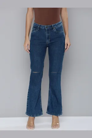 Flying Machine Women Blue Straight Fit High-Rise Slash Knee Light Fade Stretchable Jeans