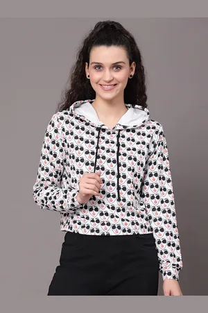 KASSUALLY Women White Printed Hooded Sweatshirt