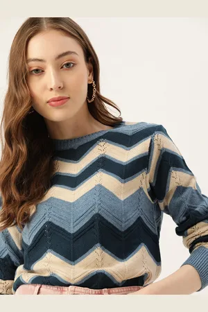 DressBerry Women Navy Blue & Beige Chevron Pullover Sweater