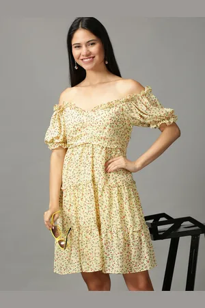 SHOWOFF Yellow Floral Off-Shoulder Ethnic Dress