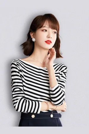 JC Collection Women White & Black Striped Pullover