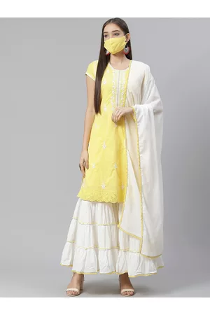 Biba Women Yellow & White Chikankari Embroidered Kurta with Sharara & Dupatta