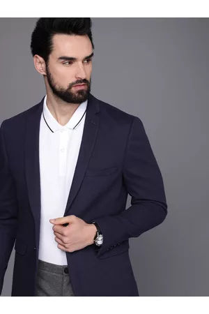 Louis Philippe Men Navy Blue Solid Single Breasted Blazer
