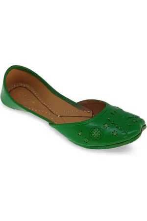 Fulkari Women Lime Green Embellished Mojaris with Laser Cuts Flats