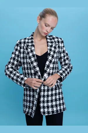 DeFacto Women Black & White Checked Single-Breasted Blazer
