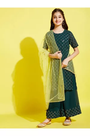 Cherry & Jerry Girls Embroidered Sequinned Kurta with Sharara & With Dupatta