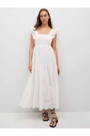 MANGO Maxi Dresses - White Ethnic Motifs Schiffli Embroidered Pure Cotton Maxi Dress