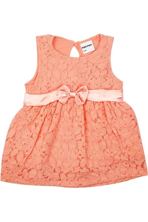 MeeMee Girls Coral Orange Self Design Fit and Flare Cotton Dress