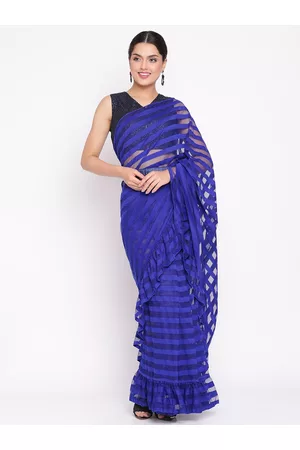 Ahalyaa Blue & Black Striped Net Ready to wear Saree