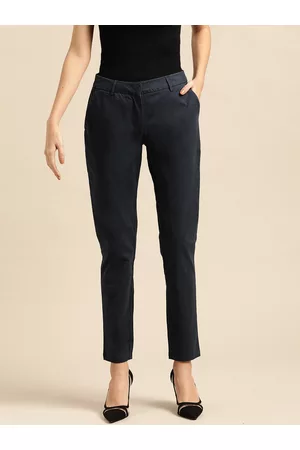 Ether Women Navy Blue Straight Fit Solid Cropped RegularFormal Trousers