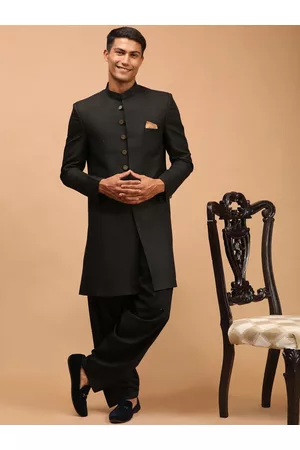 Vastramay Men Black Solid Sherwani Set