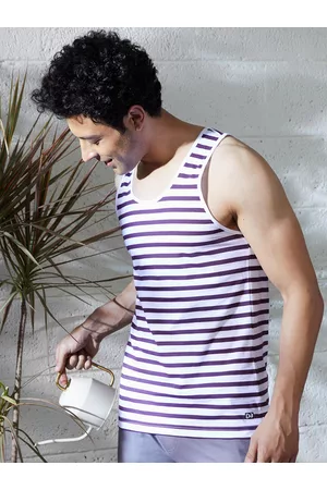 DaMENSCH Men White & Maroon Striped Sleeveless Lounge T-shirt
