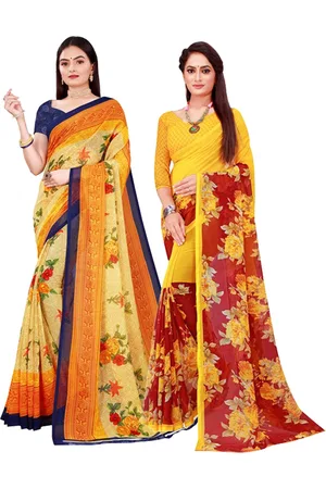 Florence Pack Of 2 Women Yellow & Red Printed Pure Georgette Saree With Unstitched Blouse