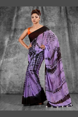 Charukriti Violet & Black Tie and Dye Pure Cotton Saree