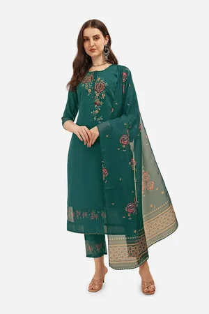 Berrylicious Women Green Floral Embroidered Chanderi Cotton Kurta with Trousers & Dupatta
