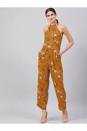 marie claire Women Mustard Yellow & Pink Floral Printed Basic Jumpsuit