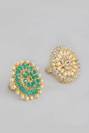 Kord Store Set of 2 Gold Plated White and Green Stone Finger Ring