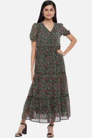 Pantaloons Black & Green Floral A-Line Maxi Dress