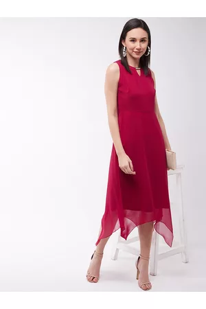 Miss Chase Women Dark Pink Solid Asymmetric Midi Dress