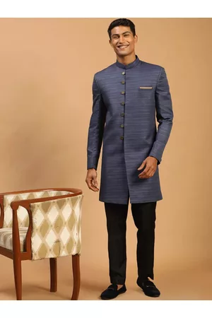 Vastramay Men Blue & Black Textured Sherwani Set