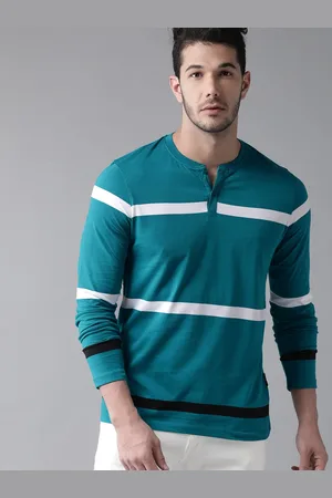 Roadster Men Blue White Striped Henley Collar Pure Cotton T-shirt