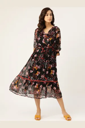 Antheaa Black & Red Floral Print Wrap Midi Dress