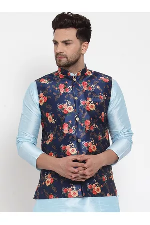 Kraft Men Blue Silk Printed Mandarin Collar Nehru Jacket