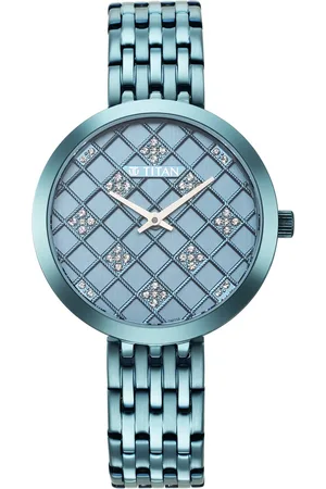 Titan Women Blue Embellished Dial & Stainless Steel Bracelet Style Straps Analogue Watch