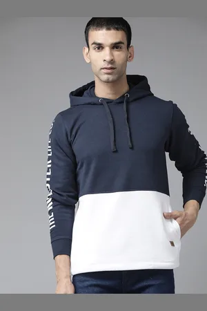 Roadster Men Navy Blue & White Colourblocked Hooded Sweatshirt