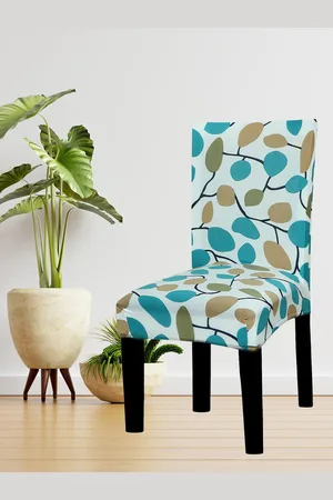 House Of Quirk Set Of 4 White & Blue Printed Non-Slip Removable Chair Covers